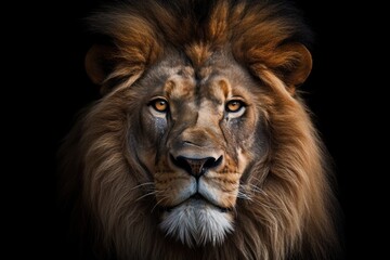 Fototapeta premium Close-up of a fierce lion's face, highlighting its intricate facial features, including sharp whiskers and a strong jawline