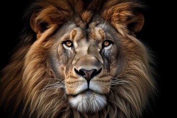 Fototapeta premium Close-up of a fierce lion's face, highlighting its intricate facial features, including sharp whiskers and a strong jawline