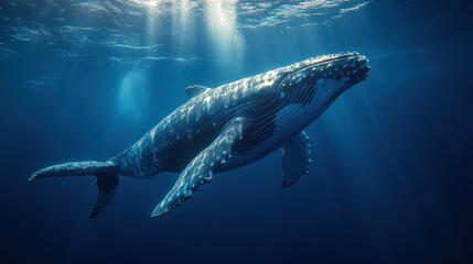 Fototapeta premium Majestic humpback whale gracefully swimming in sunlit ocean depths.