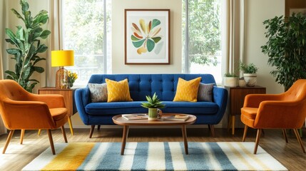 Mid-century modern living room with blue sofa, orange armchairs, and striped rug.