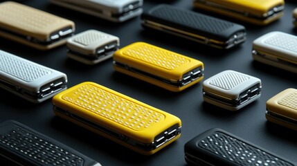 Assorted phone chargers, arrayed on a dark surface.