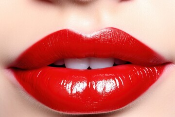 Obraz premium Close-up shot of luscious red lips with a glossy finish, showcasing a vibrant shade of crimson. The lips are slightly parted to reveal a hint of teeth,