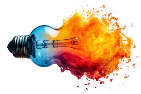 An artistic representation of a light bulb emitting vibrant flames and colors, symbolizing innovation and creativity against a white background.