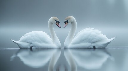 Animated scene of a pair of swans gliding gracefully on a misty lake, their reflections creating a tranquil mirror, white background ::2 elegant duo, animated water ballet, misty embrace, swan's 