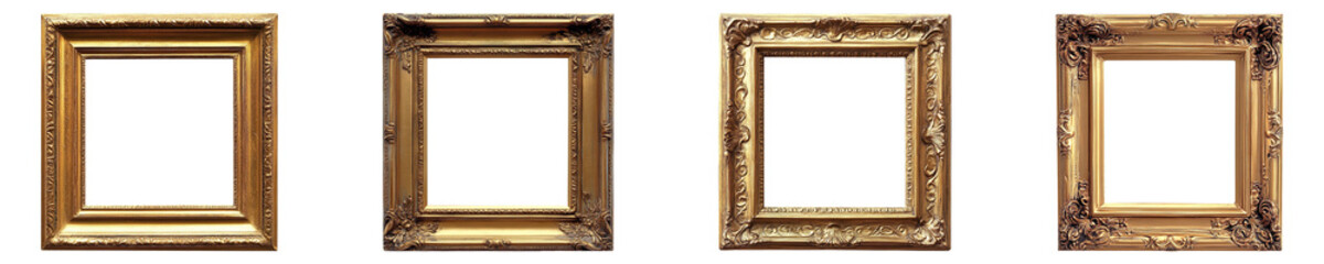Collection of antique gold square picture frame isolated on transparent background