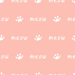 Pink seamless pattern with meow text and paws