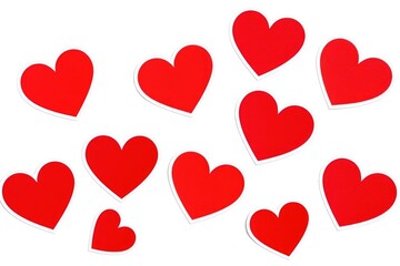 Vibrant red heart stickers scattered playfully, ideal for adding a touch of romance to Valentine's Day cards and crafts, spreading love and joy easily