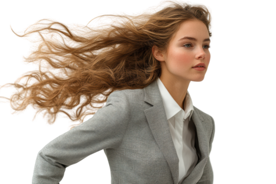 Businesswoman with flowing hair in motion, wearing a gray suit and white shirt, exuding confidence and professionalism.