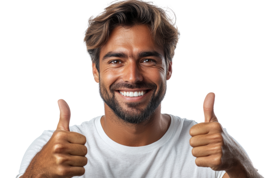 Cheerful man giving thumbs up gesture, expressing positivity and confidence. Perfect for celebrating success or motivational themes.