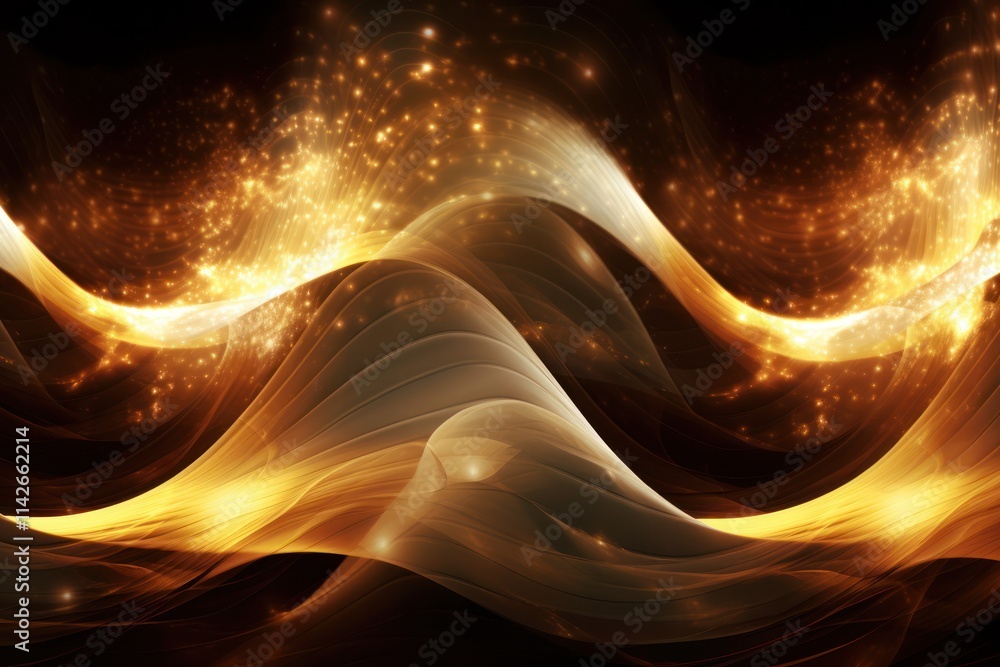 Poster dark brown backdrop featuring a captivating digital signature of golden light lines interspersed wit