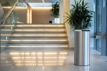 A sleek and minimalist dustbin design in a contemporary office setting, strategically placed near a staircase with clean lines and modern decor