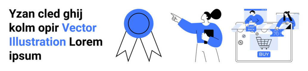 Professional woman pointing while holding a tablet, award ribbon icon. E-commerce elements including shopping cart and payment icons. Ideal for online shopping promotions, e-commerce platforms