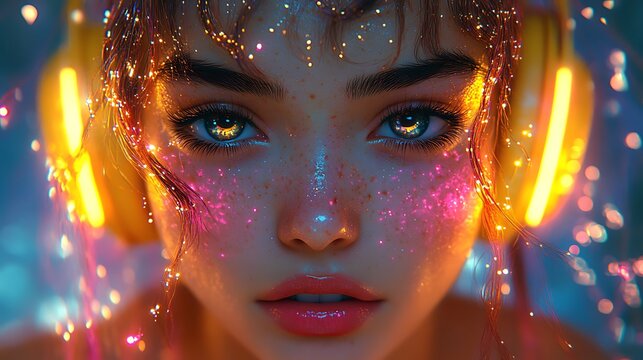 Cosmic gyaru character with neon yellow headphones, incredibly detailed, and glowing lighting that accentuates her vibrant aura. 