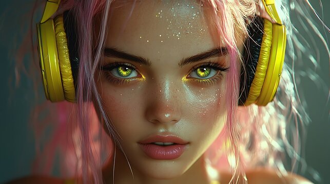 Cosmic gyaru character with neon yellow headphones, incredibly detailed, and glowing lighting that accentuates her vibrant aura. 