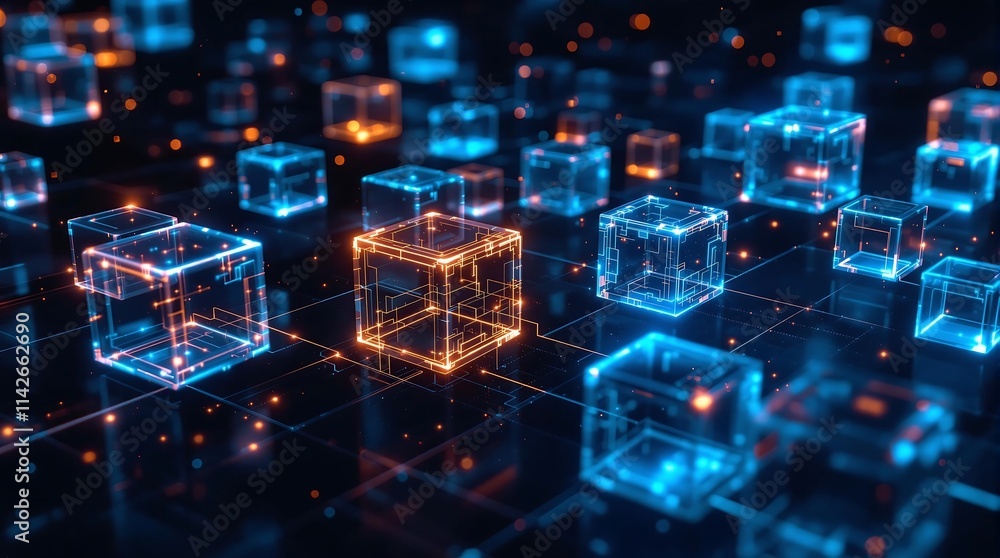 Poster futuristic network of interconnected data cubes.