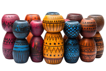 Colorful handcrafted pots with intricate designs, displayed together on a white isolated background, showcasing artistic craftsmanship and cultural heritage.