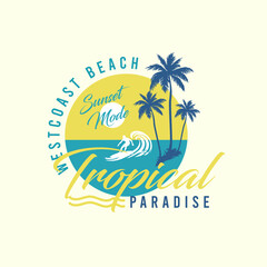 Naklejka premium Tropical Paradise Beach palm tree sunset typography summer graphic print