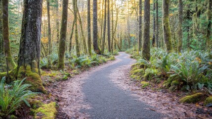 Fototapeta premium Scenic Walking Trails in Dense Woods with Soft Lighting