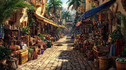Fototapeta premium Sunlit Arabian marketplace street scene with shops and goods.