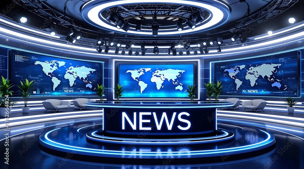 Poster virtual news studio set with multiple screens displaying breaking news