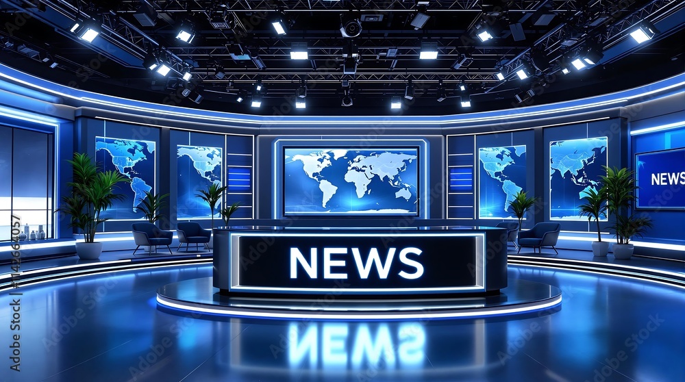 Poster virtual news studio set with multiple screens displaying breaking news