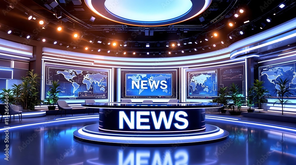 Poster virtual news studio set with multiple screens displaying breaking news