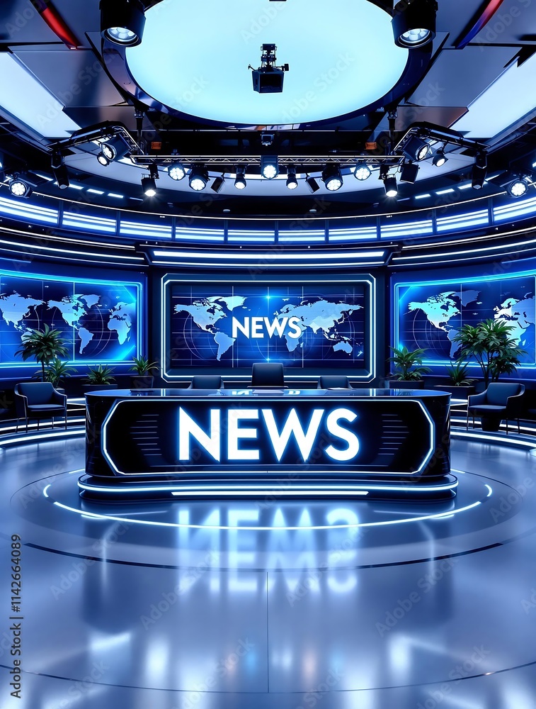 Poster virtual news studio set with multiple screens displaying breaking news
