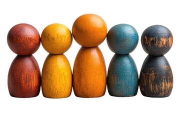 Colorful wooden figurines standing in a row, each uniquely painted to represent diversity and...