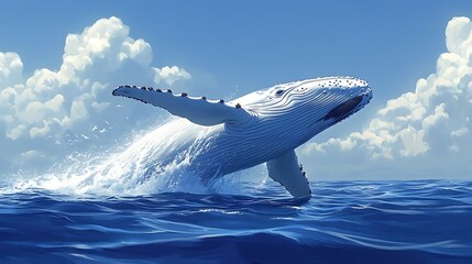 Majestic humpback whales breaching against an oceanic backdrop, embodying marine magnificence and strength, vector graphic, white background ::2 massive leaps, awe-inspiring display, animated, 