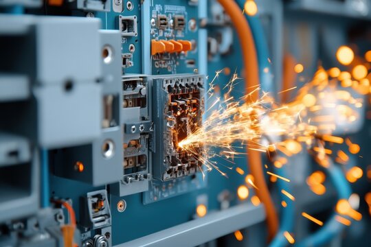 Close-up of sparks shooting out of damaged electrical components in an industrial setting, highlighting malfunction and risk of fire.