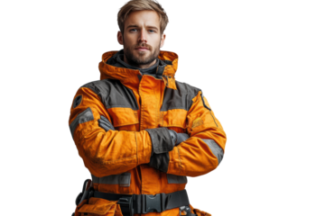 Confident man wearing an orange outdoor jacket with arms crossed, showcasing an adventurous spirit and readiness for exploration or challenging conditions.