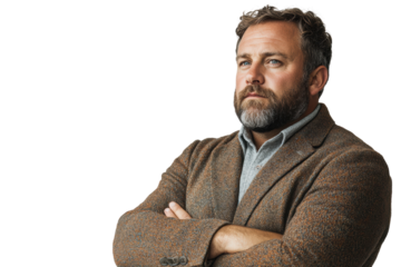 Confident man with a beard, dressed in a stylish brown blazer, exuding a sense of determination and thoughtfulness, isolated on a white background.