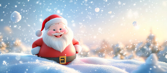3D cartoon Santa Claus, with a big smile and rosy cheeks, sitting happily on a snowy rooftop.