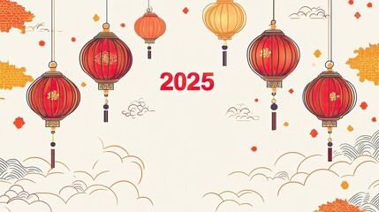 Chinese New Year 2025 greeting card design with traditional lanterns. Elegant flat illustration featuring red and gold patterns on light gray background. Modern Asian celebration banner template