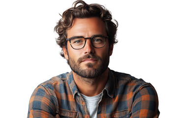 Obraz premium Confident man with curly hair and glasses, wearing a plaid shirt, posing against a white background, representing modern professional lifestyle.
