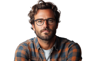 Confident man with curly hair and glasses, wearing a plaid shirt, posing against a white background, representing modern professional lifestyle.
