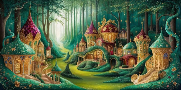 Magical fantasy village in enchanted forest landscape art