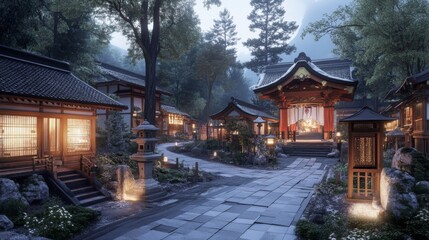 Obraz premium Serene Shrines Illuminated by the Setting Sun