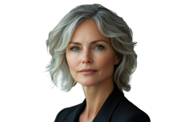 Confident woman with silver hair wearing a black blazer, portraying elegance and professionalism against a white isolated background.