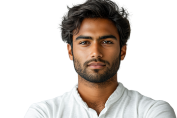 Confident young adult with stylish hair and a serious expression, isolated on a white background, showcasing modern casual attire.