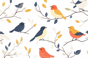 A seamless pattern featuring colorful birds and leaves on a white background. Ideal for wallpaper, textiles, and nature-inspired designs.