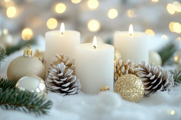 Elegant Christmas Scene with White Candles, Glittering Ornaments, Pine Cones, and Greenery on a Soft Snowy Background with Warm Holiday Lights