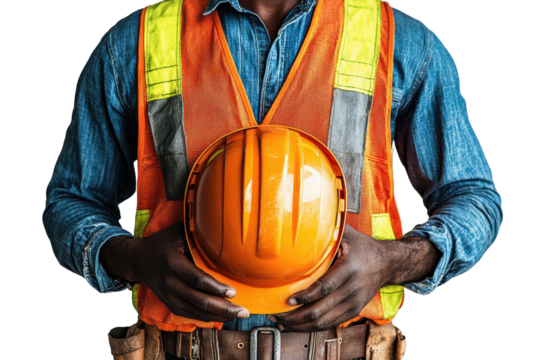 Construction worker holding an orange safety helmet, wearing a reflective vest, representing safety and professionalism in the construction industry.