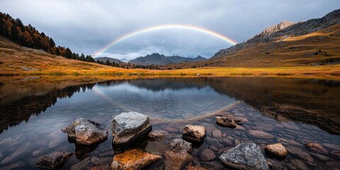 Valley meadow geography concept. A serene landscape featuring a rainbow arching over a mountain lake, with rocky foreground and dramatic cloudy sky.