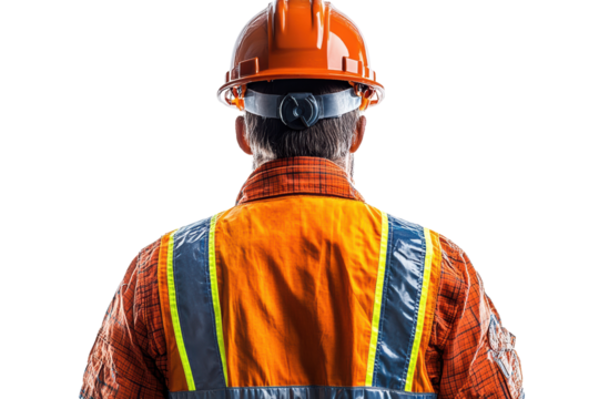 Construction worker in safety gear, viewed from behind, wearing an orange helmet and reflective vest, isolated on a white background.