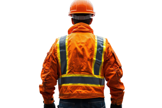 Construction worker wearing an orange safety jacket and helmet, standing with his back to the camera, isolated on a white background.