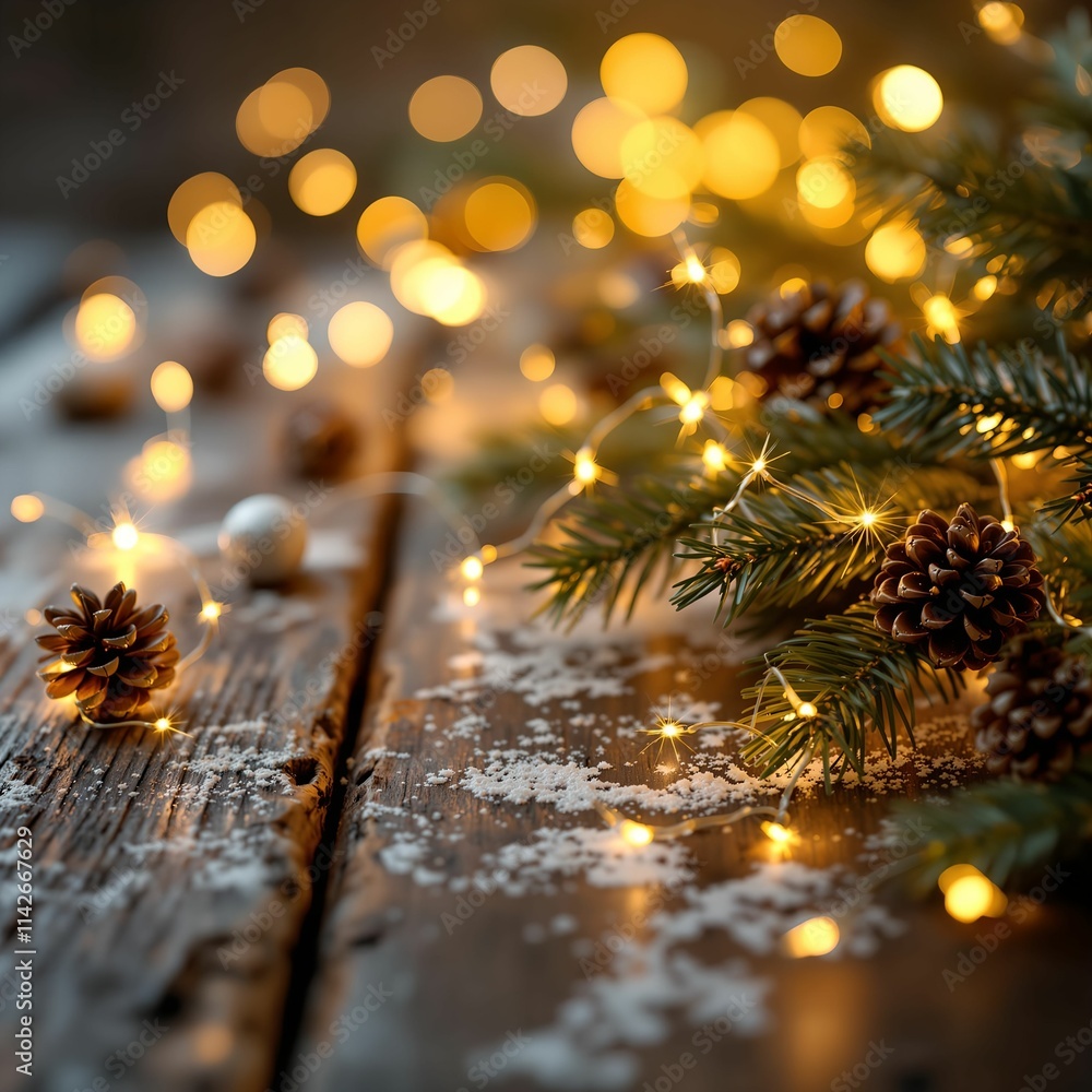 Aufkleber festive Christmas scene with a wooden surface covered in snow, pine branches adorned with pine cones and string lights, and a blurred background with bokeh effect.
