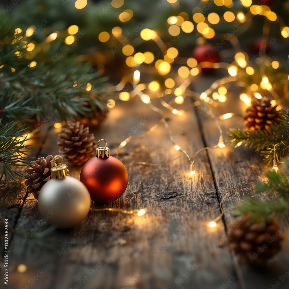 Poster a rustic wooden table is adorned with pine branches, pinecones, and two holiday baubles, surrounded 