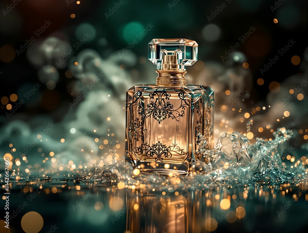 Poster close-up of a vintage perfume bottle with intricate designs, surrounded by a flurry of sparkling particles, creating a magical and ethereal atmosphere.