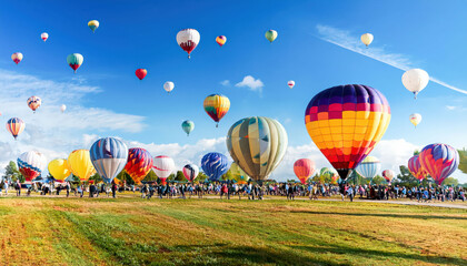 Fototapeta premium A vibrant hot air balloon festival with colorful balloons ascending into a bright blue sky, creating a picturesque and joyful atmosphere, perfect for travel, leisure, and celebration themes.